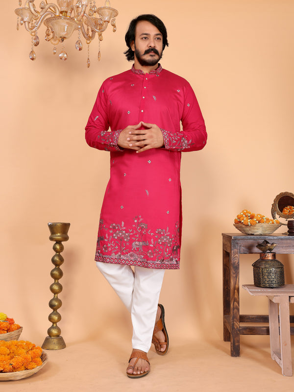 Men’s Heavy Linen Cotton Sequence Embroidered Kurta with Semi Cotton Chudidar