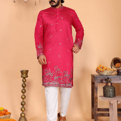 Men’s Heavy Linen Cotton Sequence Embroidered Kurta with Semi Cotton Chudidar