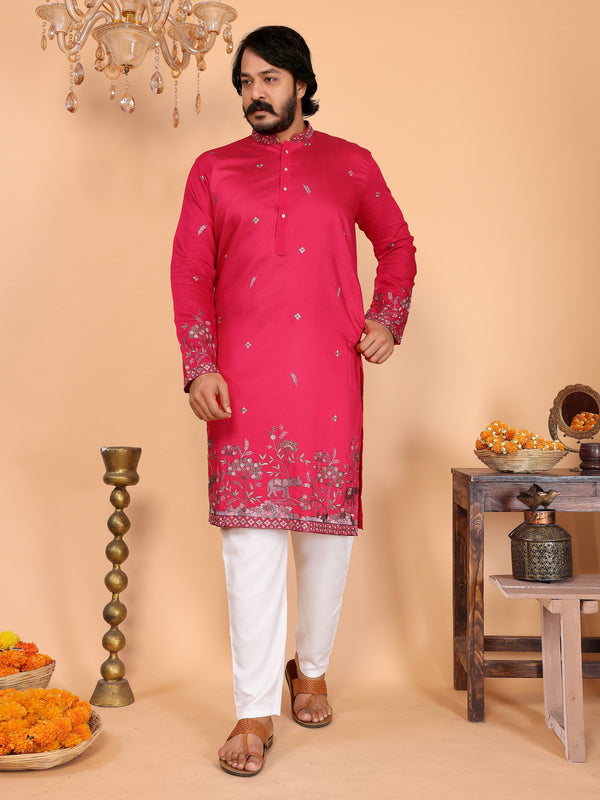 Men’s Heavy Linen Cotton Sequence Embroidered Kurta with Semi Cotton Chudidar