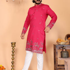 Men’s Heavy Linen Cotton Sequence Embroidered Kurta with Semi Cotton Chudidar