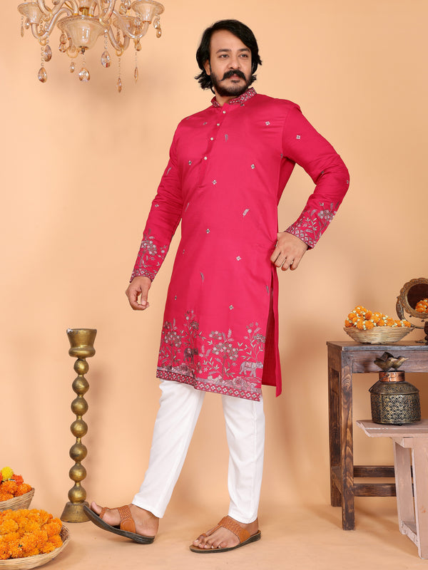 Men’s Heavy Linen Cotton Sequence Embroidered Kurta with Semi Cotton Chudidar