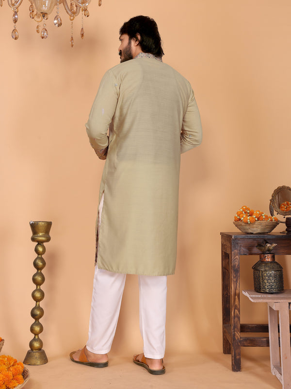 Men’s Heavy Linen Cotton Sequence Embroidered Kurta with Semi Cotton Chudidar