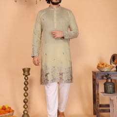 Men’s Heavy Linen Cotton Sequence Embroidered Kurta with Semi Cotton Chudidar