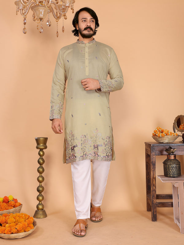 Men’s Heavy Linen Cotton Sequence Embroidered Kurta with Semi Cotton Chudidar