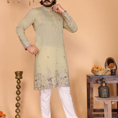 Men’s Heavy Linen Cotton Sequence Embroidered Kurta with Semi Cotton Chudidar
