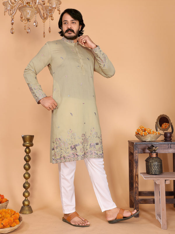 Men’s Heavy Linen Cotton Sequence Embroidered Kurta with Semi Cotton Chudidar