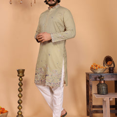 Men’s Heavy Linen Cotton Sequence Embroidered Kurta with Semi Cotton Chudidar