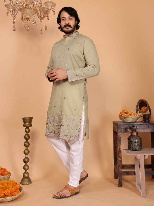 Men’s Heavy Linen Cotton Sequence Embroidered Kurta with Semi Cotton Chudidar