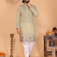 Men’s Heavy Linen Cotton Sequence Embroidered Kurta with Semi Cotton Chudidar