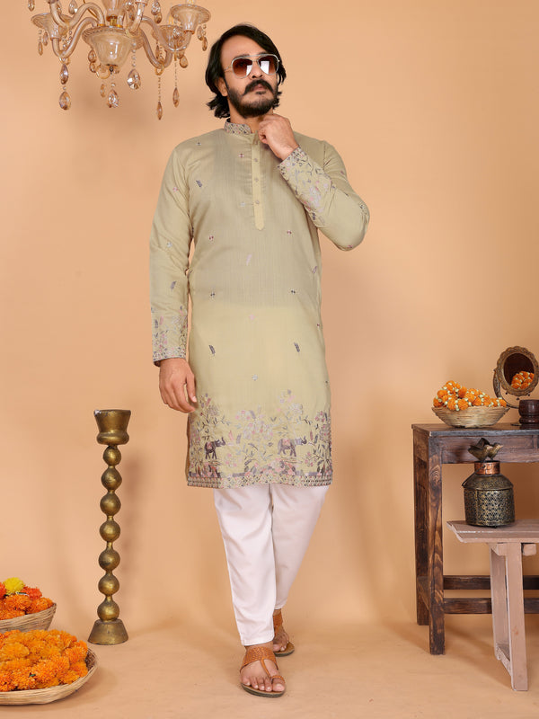 Men’s Heavy Linen Cotton Sequence Embroidered Kurta with Semi Cotton Chudidar