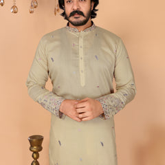 Men’s Heavy Linen Cotton Sequence Embroidered Kurta with Semi Cotton Chudidar