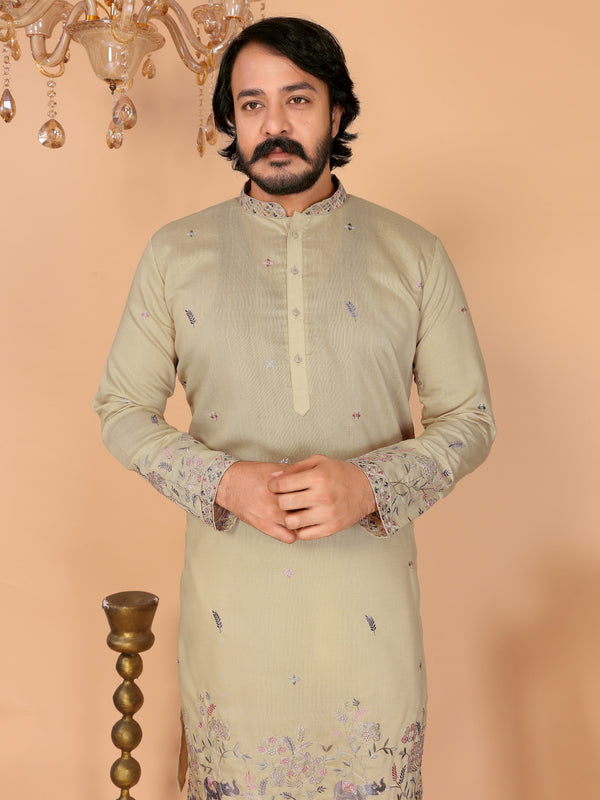 Men’s Heavy Linen Cotton Sequence Embroidered Kurta with Semi Cotton Chudidar