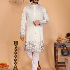 Men’s Heavy Linen Cotton Sequence Embroidered Kurta with Semi Cotton Chudidar