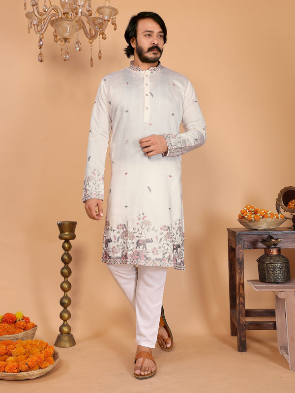 Men’s Heavy Linen Cotton Sequence Embroidered Kurta with Semi Cotton Chudidar