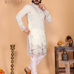Men’s Heavy Linen Cotton Sequence Embroidered Kurta with Semi Cotton Chudidar