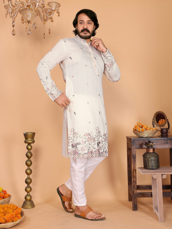Men’s Heavy Linen Cotton Sequence Embroidered Kurta with Semi Cotton Chudidar