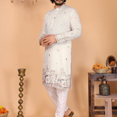 Men’s Heavy Linen Cotton Sequence Embroidered Kurta with Semi Cotton Chudidar