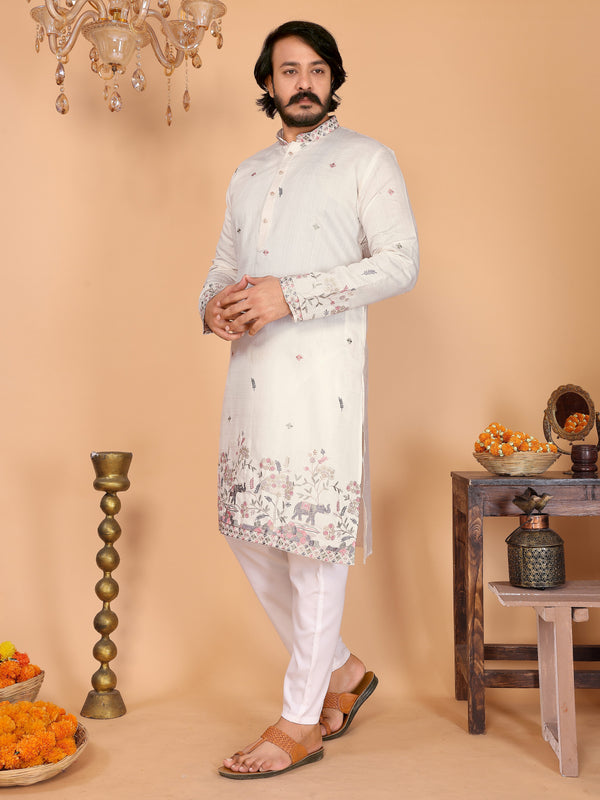 Men’s Heavy Linen Cotton Sequence Embroidered Kurta with Semi Cotton Chudidar