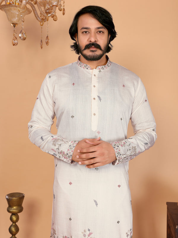 Men’s Heavy Linen Cotton Sequence Embroidered Kurta with Semi Cotton Chudidar
