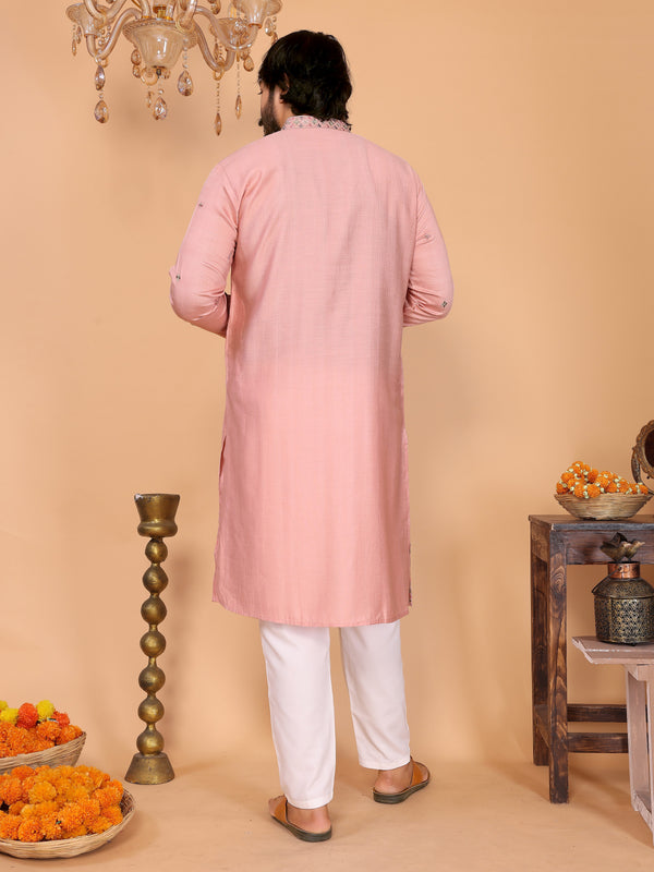 Men’s Heavy Linen Cotton Sequence Embroidered Kurta with Semi Cotton Chudidar