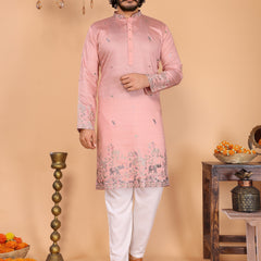 Men’s Heavy Linen Cotton Sequence Embroidered Kurta with Semi Cotton Chudidar