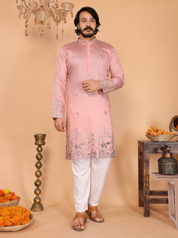 Men’s Heavy Linen Cotton Sequence Embroidered Kurta with Semi Cotton Chudidar