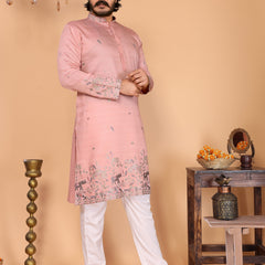 Men’s Heavy Linen Cotton Sequence Embroidered Kurta with Semi Cotton Chudidar