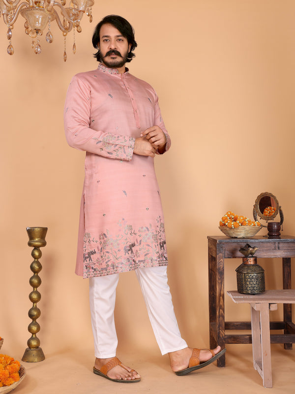 Men’s Heavy Linen Cotton Sequence Embroidered Kurta with Semi Cotton Chudidar