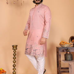 Men’s Heavy Linen Cotton Sequence Embroidered Kurta with Semi Cotton Chudidar