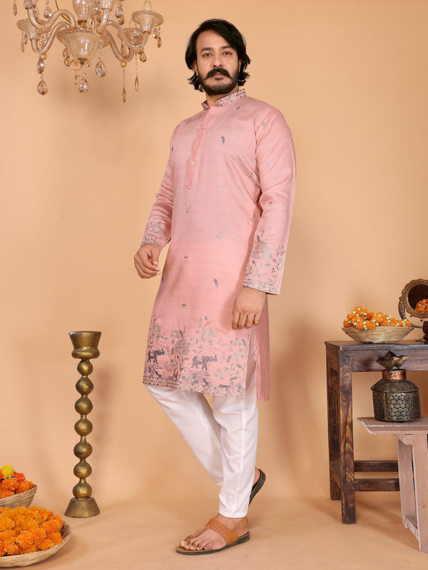 Men’s Heavy Linen Cotton Sequence Embroidered Kurta with Semi Cotton Chudidar
