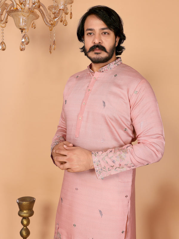 Men’s Heavy Linen Cotton Sequence Embroidered Kurta with Semi Cotton Chudidar