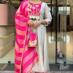 Women’s Silk Embroidered Flared Kurta Pant & Dupatta Set