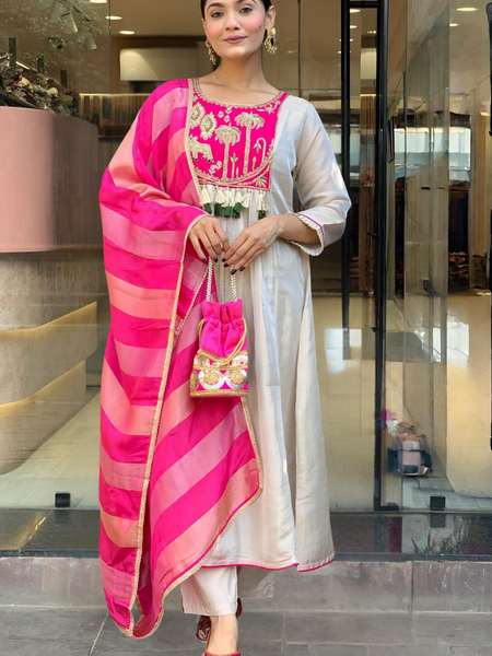 Women’s Silk Embroidered Flared Kurta Pant & Dupatta Set