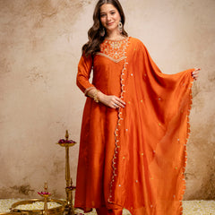 Women's Vichitra Silk Embroidered Kurta Pant Dupatta Set