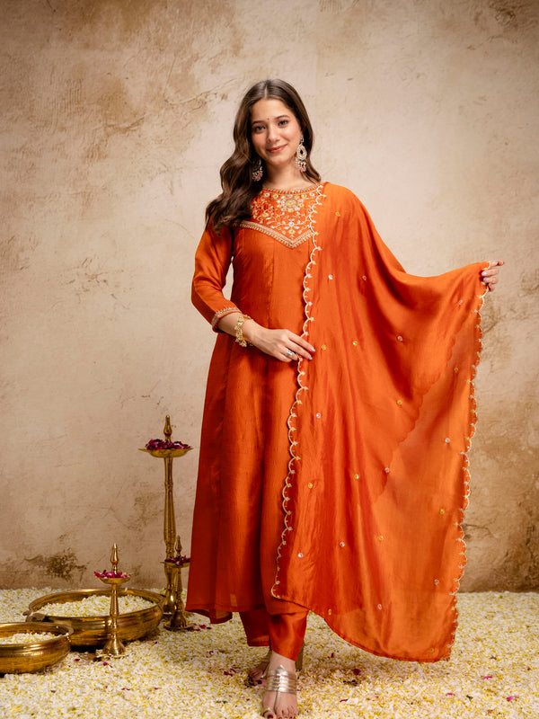 Women's Vichitra Silk Embroidered Kurta Pant Dupatta Set