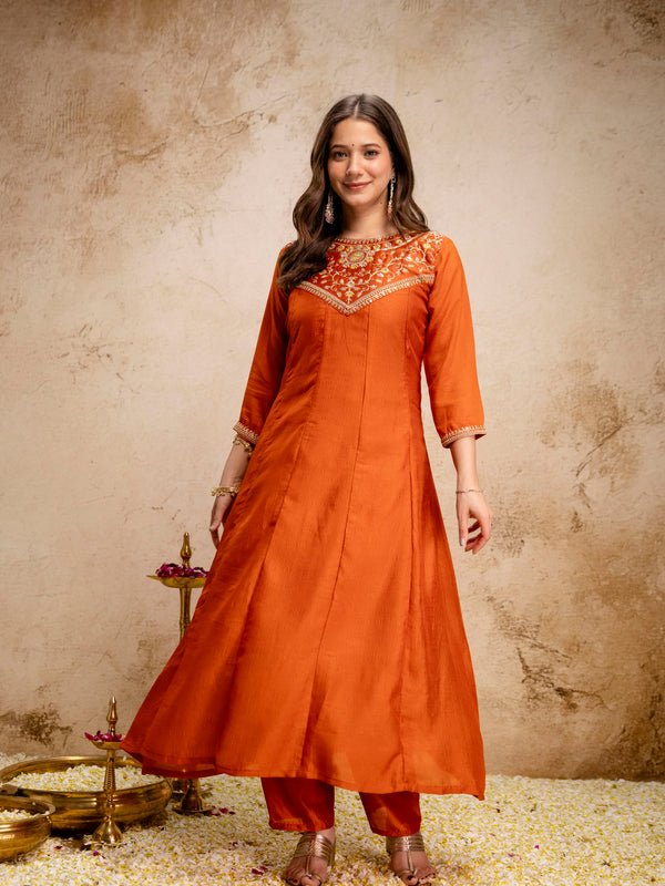 Women's Vichitra Silk Embroidered Kurta Pant Dupatta Set