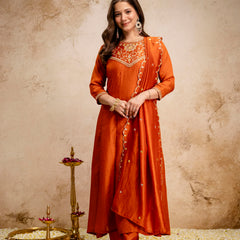 Women's Vichitra Silk Embroidered Kurta Pant Dupatta Set