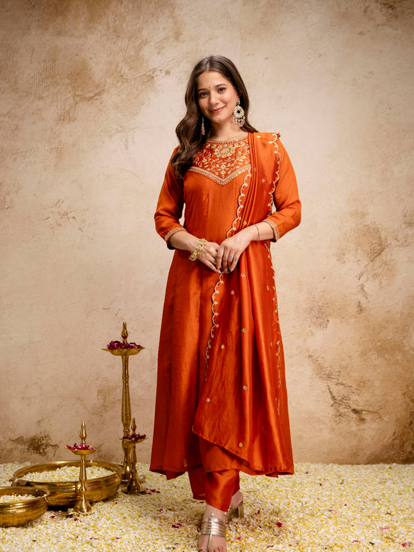 Women's Vichitra Silk Embroidered Kurta Pant Dupatta Set