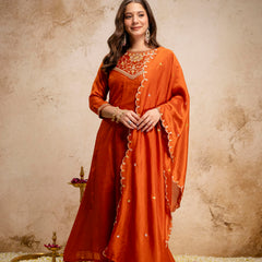 Women's Vichitra Silk Embroidered Kurta Pant Dupatta Set