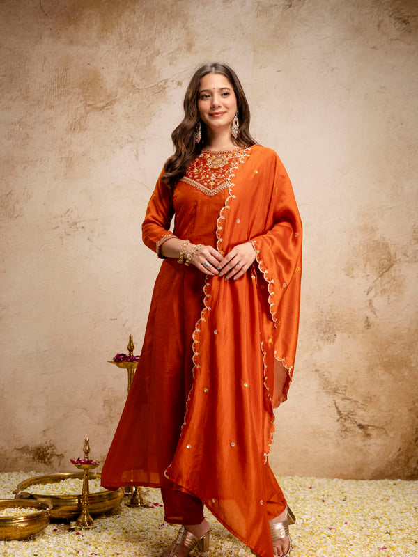 Women's Vichitra Silk Embroidered Kurta Pant Dupatta Set