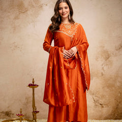 Women's Vichitra Silk Embroidered Kurta Pant Dupatta Set