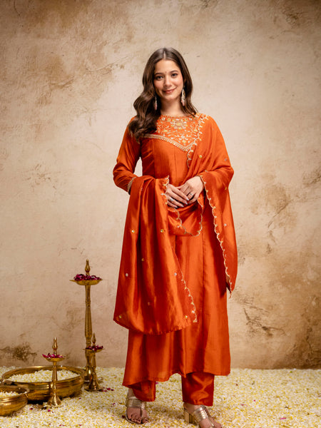 Women's Vichitra Silk Embroidered Kurta Pant Dupatta Set