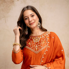 Women's Vichitra Silk Embroidered Kurta Pant Dupatta Set
