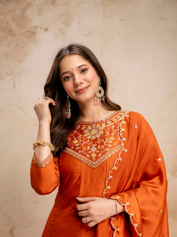 Women's Vichitra Silk Embroidered Kurta Pant Dupatta Set