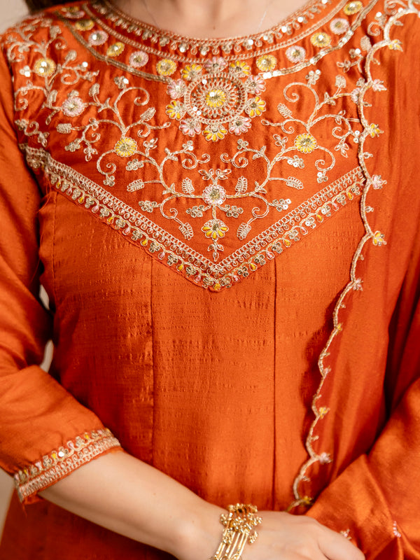 Women's Vichitra Silk Embroidered Kurta Pant Dupatta Set