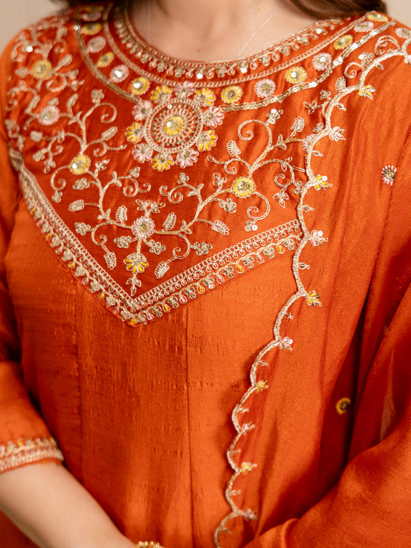 Women's Vichitra Silk Embroidered Kurta Pant Dupatta Set