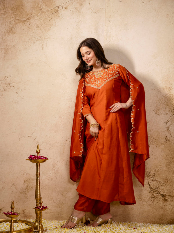 Women's Vichitra Silk Embroidered Kurta Pant Dupatta Set