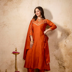 Women's Vichitra Silk Embroidered Kurta Pant Dupatta Set