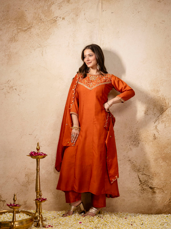 Women's Vichitra Silk Embroidered Kurta Pant Dupatta Set