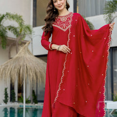 Women's Vichitra Silk Embroidered Kurta Pant Dupatta Set